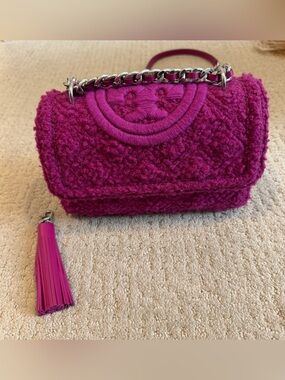 Tory Burch Magenta Quilted Wool Shoulder Bag with Tassel